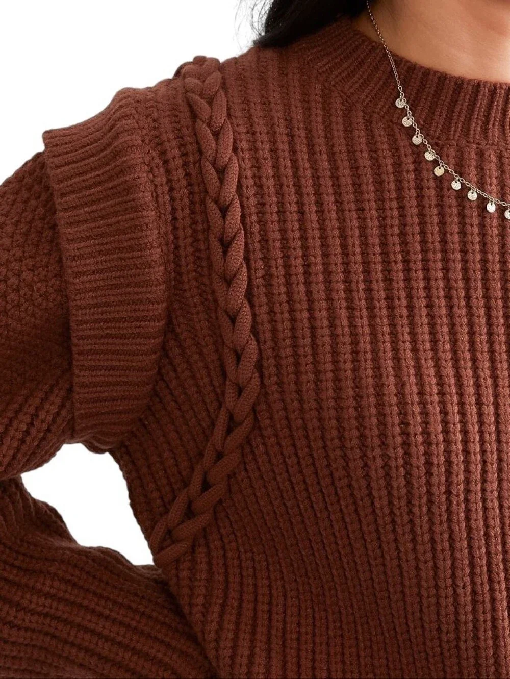 Willow + Root Womens Rust Cable Detail Waffle Knit Flatter Shoulder Sweater  L